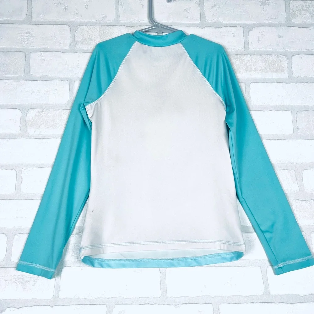 Kids Mermaid Tail Long Sleeve Rash Guard Swim Top Aqua White Holographic Waves M